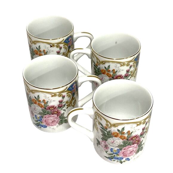 Vintage Andrea By Sadek Mugs Set of 4 Victorian Floral Pink & White Ceramic - Picture 9 of 10